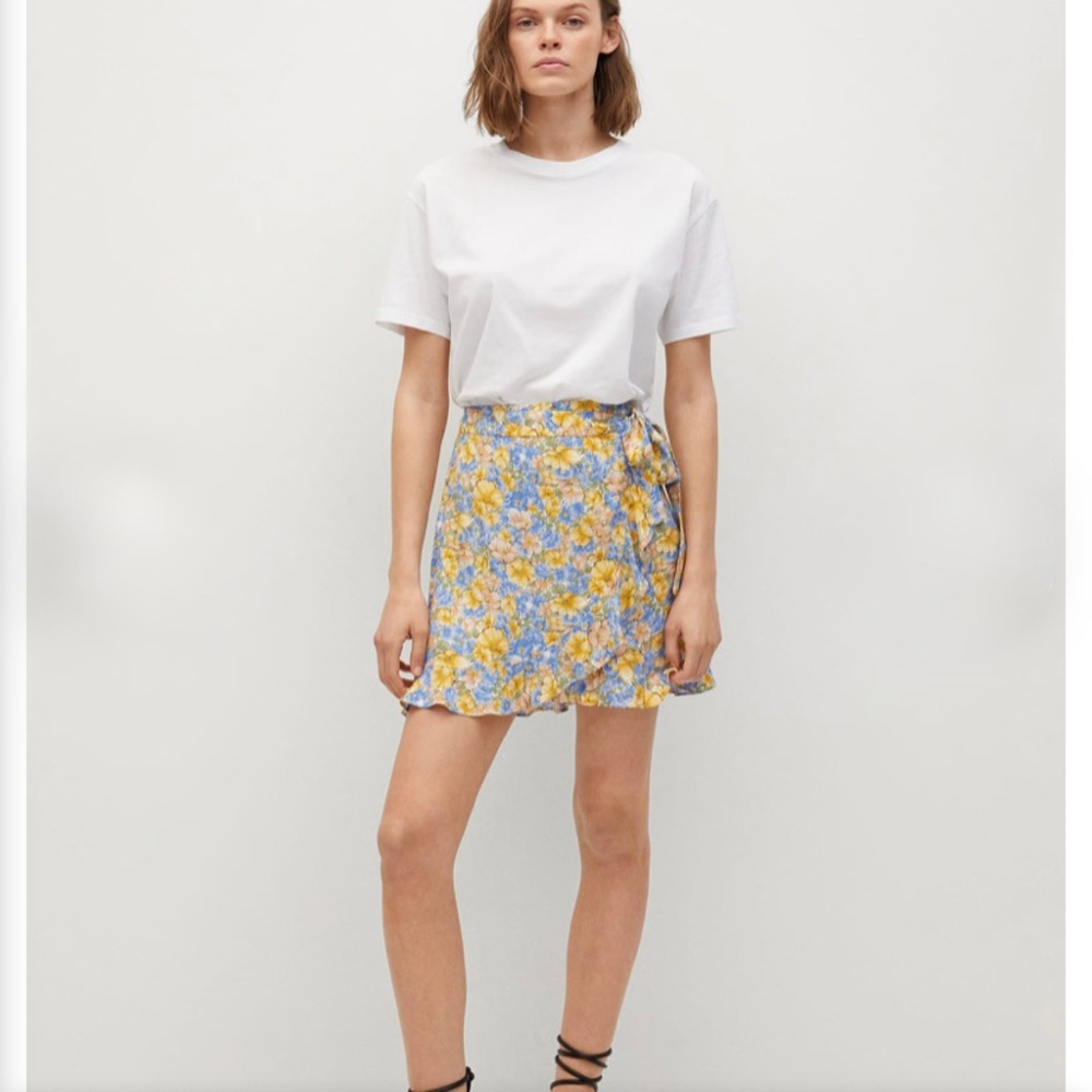 MNG Mango Blue Yellow Floral Wrap Skirt Size XL